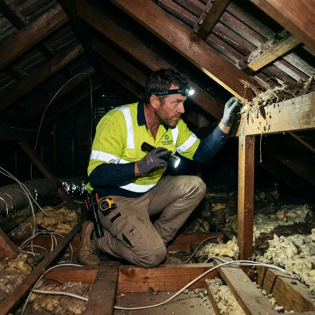 Technician inspecting a roof cavity for a dead animal in Blind Bight