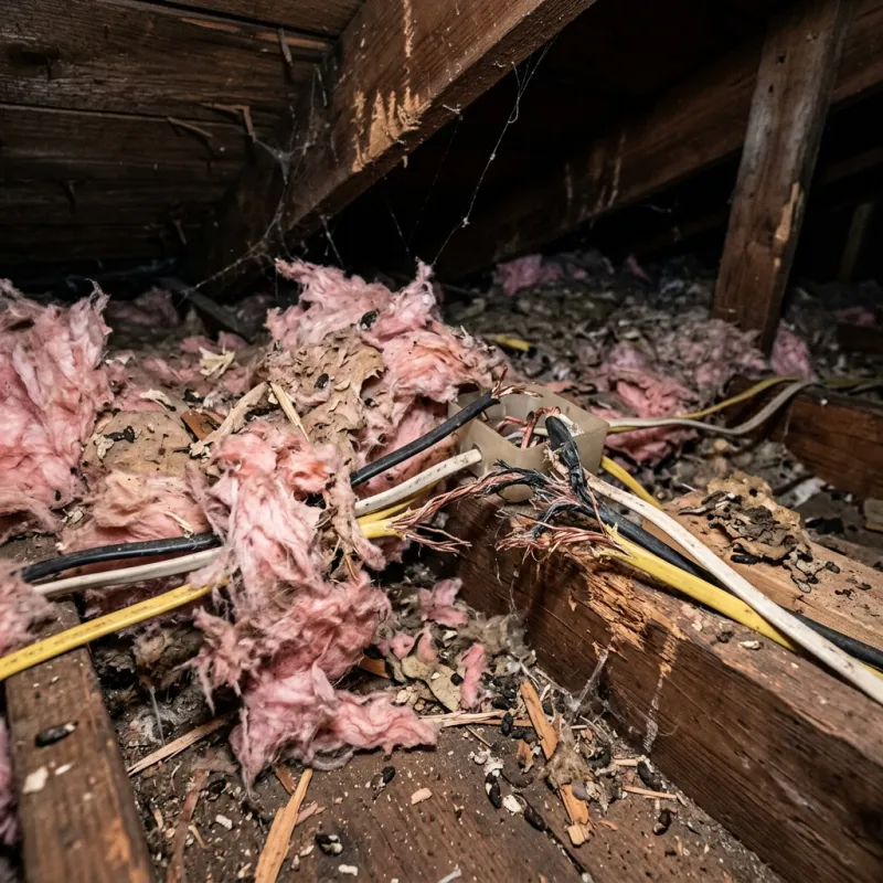 Contaminated ceiling insulation being assessed in a Blind Bight roof space